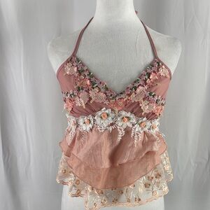 Floral Embellished Halter Top - Pink